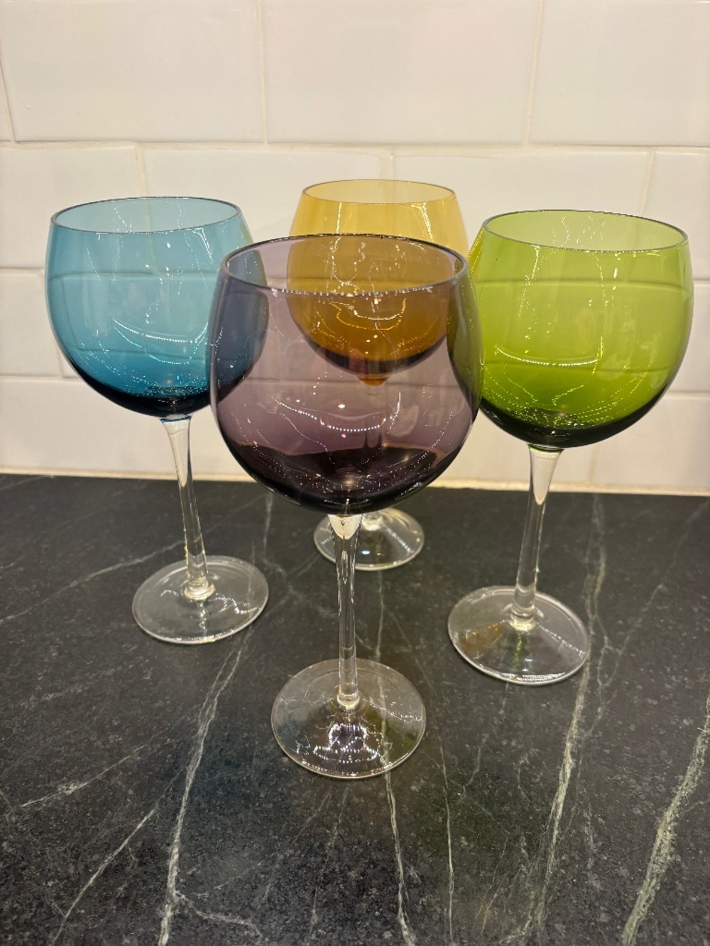 Set Of 4 Hand Blown Colored Balloon Wine Goblets
